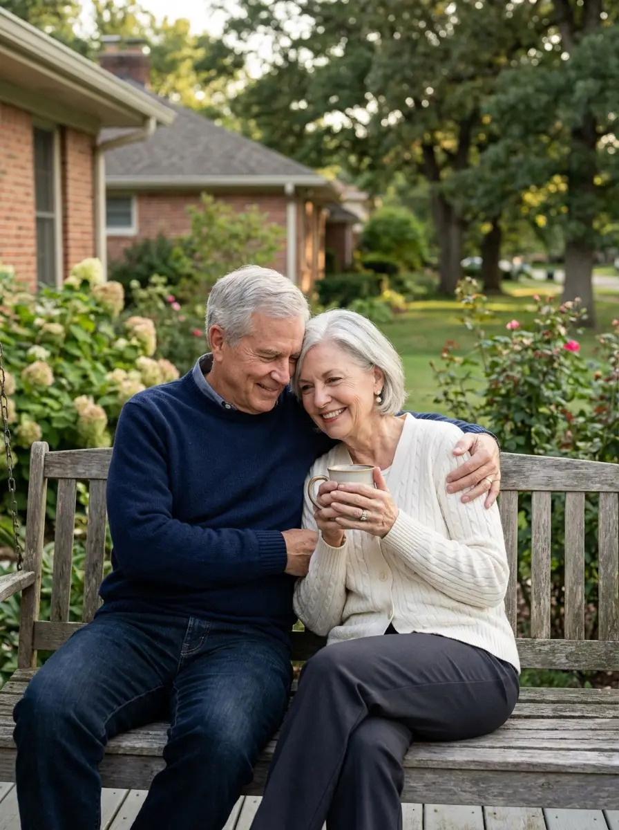 Happy retired American couple sitting on their home porch, holding coffee mugs at golden hour